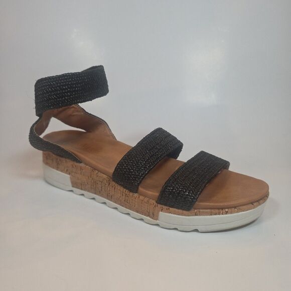 CATHERINE MALANDRINO Davina Black Ankle Strap Platform Wedge Woven Sandal Size 8 - Picture 1 of 6